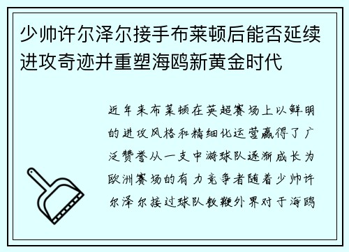 少帅许尔泽尔接手布莱顿后能否延续进攻奇迹并重塑海鸥新黄金时代