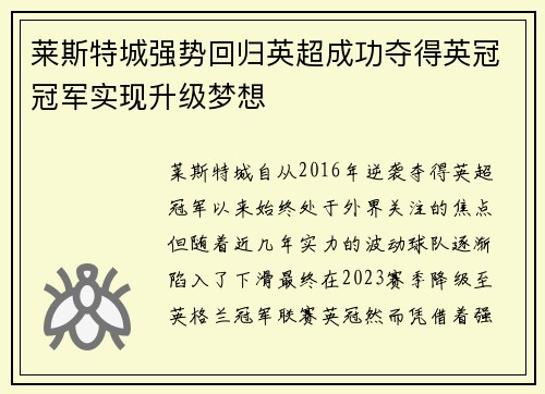 莱斯特城强势回归英超成功夺得英冠冠军实现升级梦想 莱斯特城强势回归英超成功夺得英冠冠军实现升级梦想